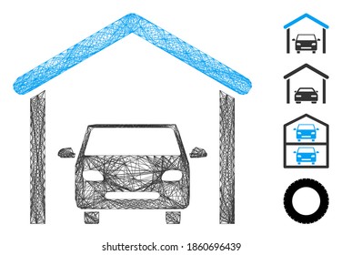 Vector wire frame garage car. Geometric hatched frame flat network made from garage car icon, designed from crossed lines. Some bonus icons are added.