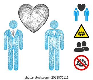 Vector wire frame gay lovers. Geometric wire frame flat network made from gay lovers icon, designed from crossing lines. Some bonus icons are added.