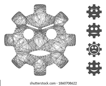 Vector wire frame gear angry smiley. Geometric wire frame 2D network generated with gear angry smiley icon, designed with crossed lines. Some bonus icons are added.