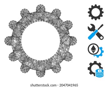 Vector wire frame gear. Geometric wire frame 2D net based on gear icon, designed with crossed lines. Some other icons are added.