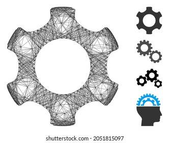 Vector wire frame gear. Geometric wire carcass flat net generated with gear icon, designed with crossing lines. Some bonus icons are added.
