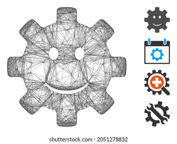 Sonrisa sonrisa del engranaje del bastidor del vector. Red plana con marco de alambre geométrico hecha de un icono sonriente de sonrisa de engranajes, diseñada con líneas cruzadas. Se agregan algunos iconos adicionales.