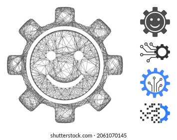 Sonrisa en los engranajes del bastidor del vector. Red 2D de canal lineal geométrica generada con un icono de sonrisa de engranajes, diseñado con líneas cruzadas. Se añaden algunos iconos adicionales.