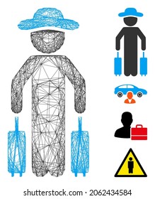 Vector wire frame gentleman passenger. Geometric wire frame flat net generated with gentleman passenger icon, designed from intersected lines. Some bonus icons are added.