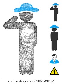 Vector wire frame gentleman salute. Geometric wire frame flat network generated with gentleman salute icon, designed with crossing lines. Some bonus icons are added.