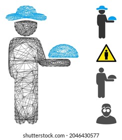 Vector wire frame gentleman waiter. Geometric hatched frame flat net made from gentleman waiter icon, designed from crossed lines. Some additional icons are added.