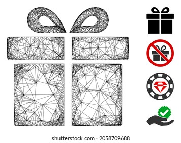 Vector wire frame gift. Geometric wire frame flat network made from gift icon, designed with crossing lines. Some bonus icons are added.