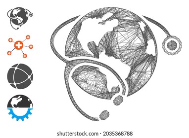 Vektor-Draht bildet ein globales Stethoskop für das Gesundheitswesen. Geometrisches Drahtnetz 2D, hergestellt aus dem Stethoskop-Icon für das globale Gesundheitswesen, konstruiert aus Kreuzlinien. Es werden einige Bonussymbole hinzugefügt.