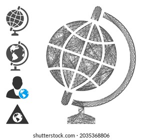 Vector wire frame globe. Geometric wire carcass flat net made from globe icon, designed from intersected lines. Some bonus icons are added.