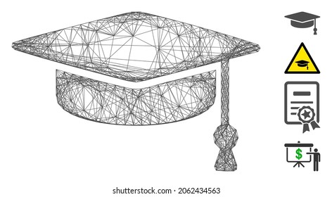 Vector wire frame graduation cap. Geometric wire frame 2D net made from graduation cap icon, designed from intersected lines. Some bonus icons are added.