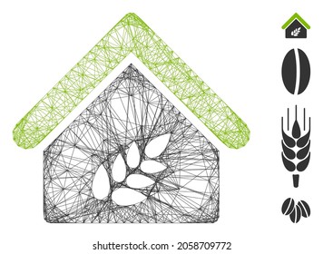 Vector wire frame grain warehouse. Geometric wire carcass flat network generated with grain warehouse icon, designed with crossing lines. Some bonus icons are added.