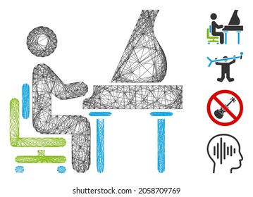 Vector wire frame grand piano performer. Geometric wire frame flat network based on grand piano performer icon, designed with crossing lines. Some bonus icons are added.