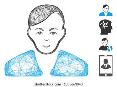 Vector wire frame guy. Geometric wire frame flat network generated with guy icon, designed with crossed lines. Some bonus icons are added.