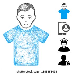 Vector wire frame guy. Geometric wire carcass 2D net generated with guy icon, designed with crossing lines. Some bonus icons are added.