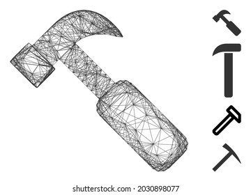 Vector wire frame hammer. Geometric wire frame 2D net generated with hammer icon, designed with crossing lines. Some bonus icons are added.