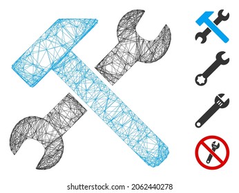 Vector wire frame hammer and wrench. Geometric wire carcass flat network generated with hammer and wrench icon, designed with crossed lines. Some bonus icons are added.
