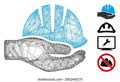 Mano del bastidor del vector con casco. Red plana de armazón de alambre geométrico generada con un icono de casco, diseñado con líneas cruzadas. Se añaden algunos iconos adicionales.