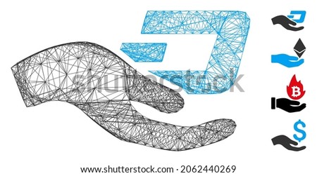 Vector wire frame hand offer Dash. Geometric wire frame flat network made from hand offer Dash icon, designed with crossing lines. Some bonus icons are added.