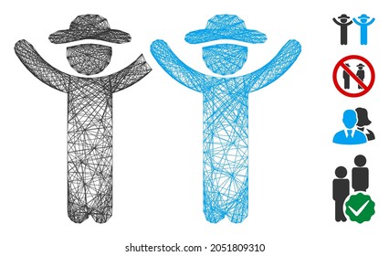 El marco de alambre de vectores pone a los caballeros en la mano. Red 2D de marco de alambre geométrico basada en el icono de los caballeros manos arriba, diseñado a partir de líneas entrelazadas. Se agregan otros iconos.