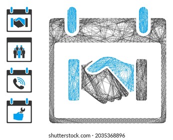 Día del calendario del apretón de manos del marco del vector. Red 2D del marco lineal geométrico, realizada a partir del icono del día del calendario del apretón de manos, diseñada con líneas de cruce. Se añaden algunos iconos adicionales.