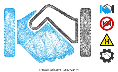 Vector wire frame handshake. Geometric wire frame 2D network generated with handshake icon, designed with crossing lines. Some bonus icons are added.