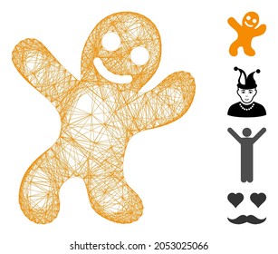 Vector wire frame happy cookie man. Geometric wire carcass 2D network generated with happy cookie man icon, designed with crossing lines. Some similar icons are added.