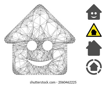 Vector wire frame happy home. Geometric linear frame 2D net generated with happy home icon, designed with crossed lines. Some bonus icons are added.