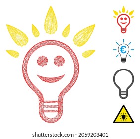 Vector wire frame happy light bulb. Geometric wire frame 2D net made from happy light bulb icon, designed from intersected lines. Some bonus icons are added.