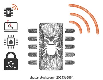 Vector wire frame hardware bug. Geometric wire carcass 2D net generated with hardware bug icon, designed from crossing lines. Some bonus icons are added.