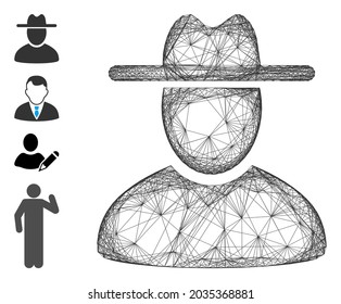 Vektordrahtrahmen für den Mann. Geometrisches Flachnetz, erzeugt mit einem Menschensymbol, entworfen mit gekreuzten Linien. Es werden einige Bonussymbole hinzugefügt.