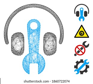 Vector wire frame headphones tuning wrench. Geometric linear frame 2D network generated with headphones tuning wrench icon, designed with crossing lines. Some bonus icons are added.