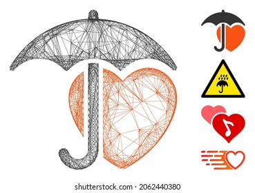 Vector wire frame heart umbrella protection. Geometric hatched frame flat network generated with heart umbrella protection icon, designed with crossing lines. Some bonus icons are added.