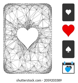 Vector wire frame hearts playing card. Geometric hatched frame 2D network generated with hearts playing card icon, designed with intersected lines. Some bonus icons are added.