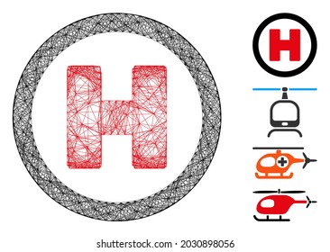 Vector wire frame helicopter landing spot. Geometric wire carcass flat network generated with helicopter landing spot icon, designed with crossed lines. Some bonus icons are added.