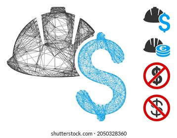 Vector wire frame helmet and dollar. Geometric hatched frame 2D network generated with helmet and dollar icon, designed with intersected lines. Some additional icons are added.