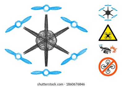 Vector wire frame hexacopter. Geometric wire frame flat network based on hexacopter icon, designed from intersected lines. Some bonus icons are added.