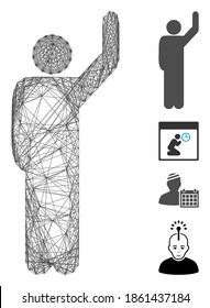 Vektordrahtrahmen Anhalter Pose. Geometrisches Drahtflachnetz, erzeugt mit Pfosten-Icon per Anhalter, konstruiert aus Kreuzlinien. Es werden einige Bonussymbole hinzugefügt.