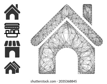 Vector Wire Frame Home. Geometric Wire Frame Flat Net Made From Home Icon, Designed From Intersected Lines. Some Bonus Icons Are Added.