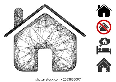 Vector wire frame home. Geometric wire carcass flat net generated with home icon, designed with intersected lines. Some bonus icons are added.