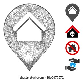 Vector wire frame home marker. Geometric wire carcass 2D network made from home marker icon, designed from crossed lines. Some bonus icons are added.