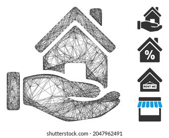 Vector wire frame home offer. Geometric hatched frame flat network generated with home offer icon, designed with crossed lines. Some bonus icons are added.