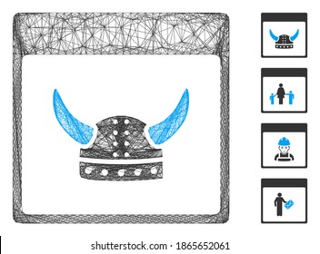 Vector wire frame horned ancient helmet calendar page. Geometric wire frame 2D net made from horned ancient helmet calendar page icon, designed from crossed lines. Some bonus icons are added.