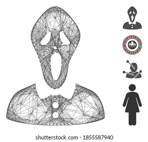 Vector wire frame horror woman. Geometric wire carcass 2D net based on horror woman icon, designed with crossed lines. Some bonus icons are added.