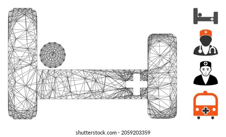 Vector wire frame hospital bed. Geometric wire frame flat network made from hospital bed icon, designed from crossing lines. Some bonus icons are added.