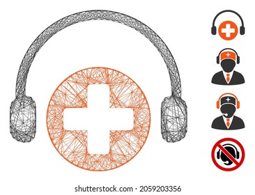 Servicio de llamadas al hospital de la estructura de alambre de vectores. Red plana de cuadro lineal geométrica, hecha con el icono de servicio de llamadas hospitalarias, diseñada a partir de líneas cruzadas. Se añaden algunos iconos adicionales.