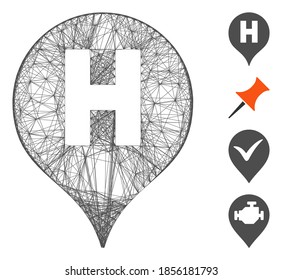 Vector wire frame hospital letter marker. Geometric linear frame 2D net generated with hospital letter marker icon, designed with crossed lines. Some bonus icons are added.