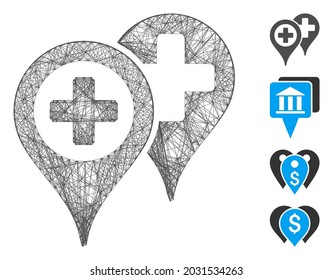Vector wire frame hospital locations. Geometric wire frame 2D net generated with hospital locations icon, designed with crossed lines. Some bonus icons are added.