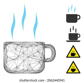 Vector wire frame hot tea cup. Geometric wire carcass flat net made from hot tea cup icon, designed from crossing lines. Some bonus icons are added.