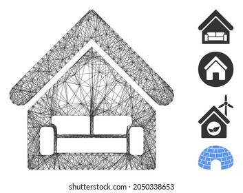 Vector wire frame house interrior. Geometric wire frame 2D net based on house interrior icon, designed from crossing lines. Some bonus icons are added.