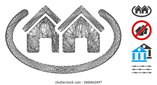 Vector wire frame houses area. Geometric hatched frame flat network made from houses area icon, designed from intersected lines. Some bonus icons are added.